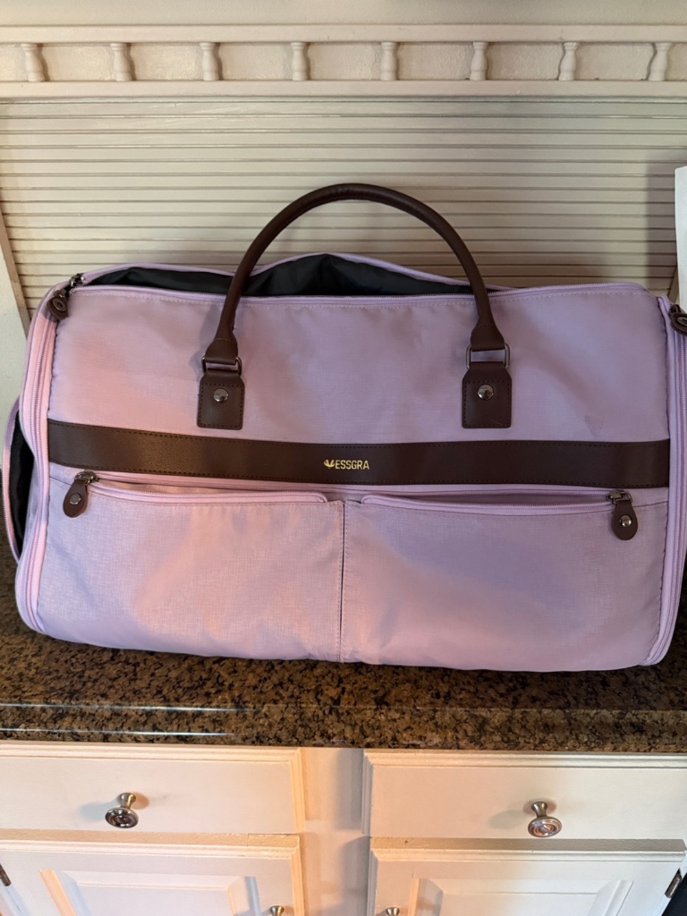 Lavender Duffel Bag with Brown Trim by